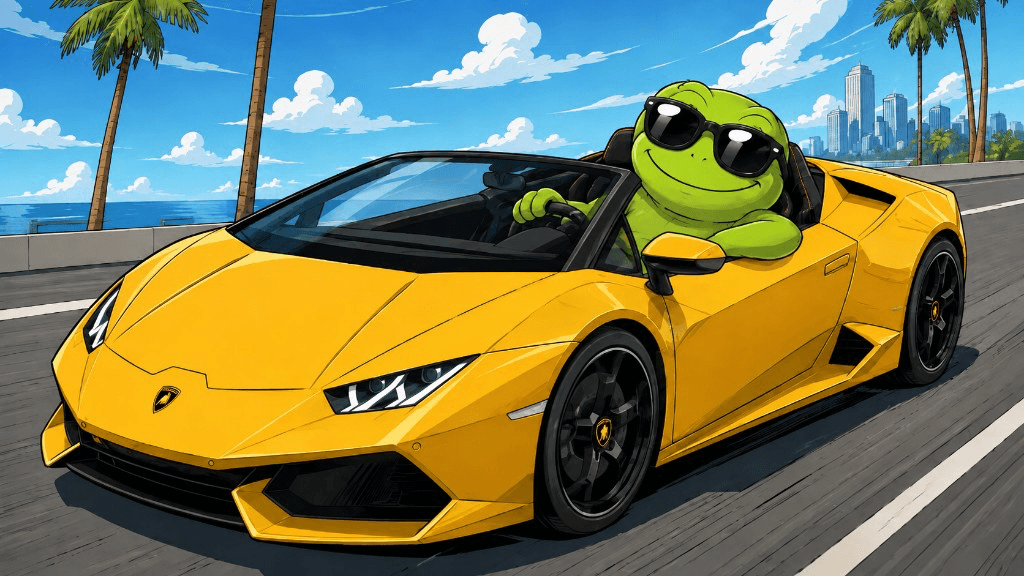 ToadGuy driving a yellow Lamborghini along a coastal highway